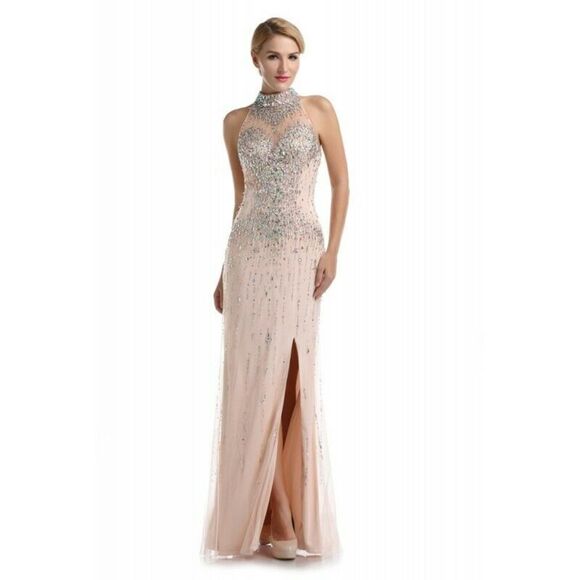 Romance Rhinestone Halter Grad Prom Dress RM5079 Peach - Picture 1 of 7